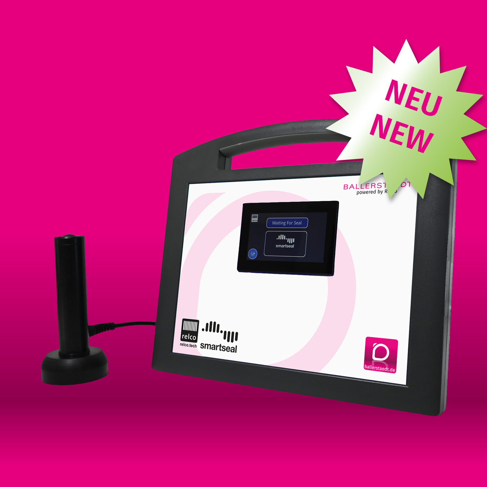 Kachel_BaCo-Smart-Seal-800 Ein schwarzes elektronisches Gerät mit einem Touchscreen-Display und einem zylindrischen Aufsatz auf einem rosa Hintergrund.