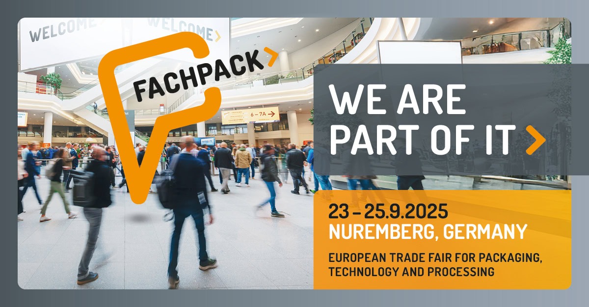 Fachpack Werbebild mit Besuchern auf der Messe und Datum der Messe. 23.-25. September2025