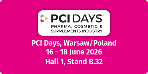 Banner with a pink background for the event PCI Days: “PCI Days, Pharma, Cosmetic & Supplements Industry – 16–18 June 2026, Hall 1, Stand B.32 in Warsaw, Poland.”