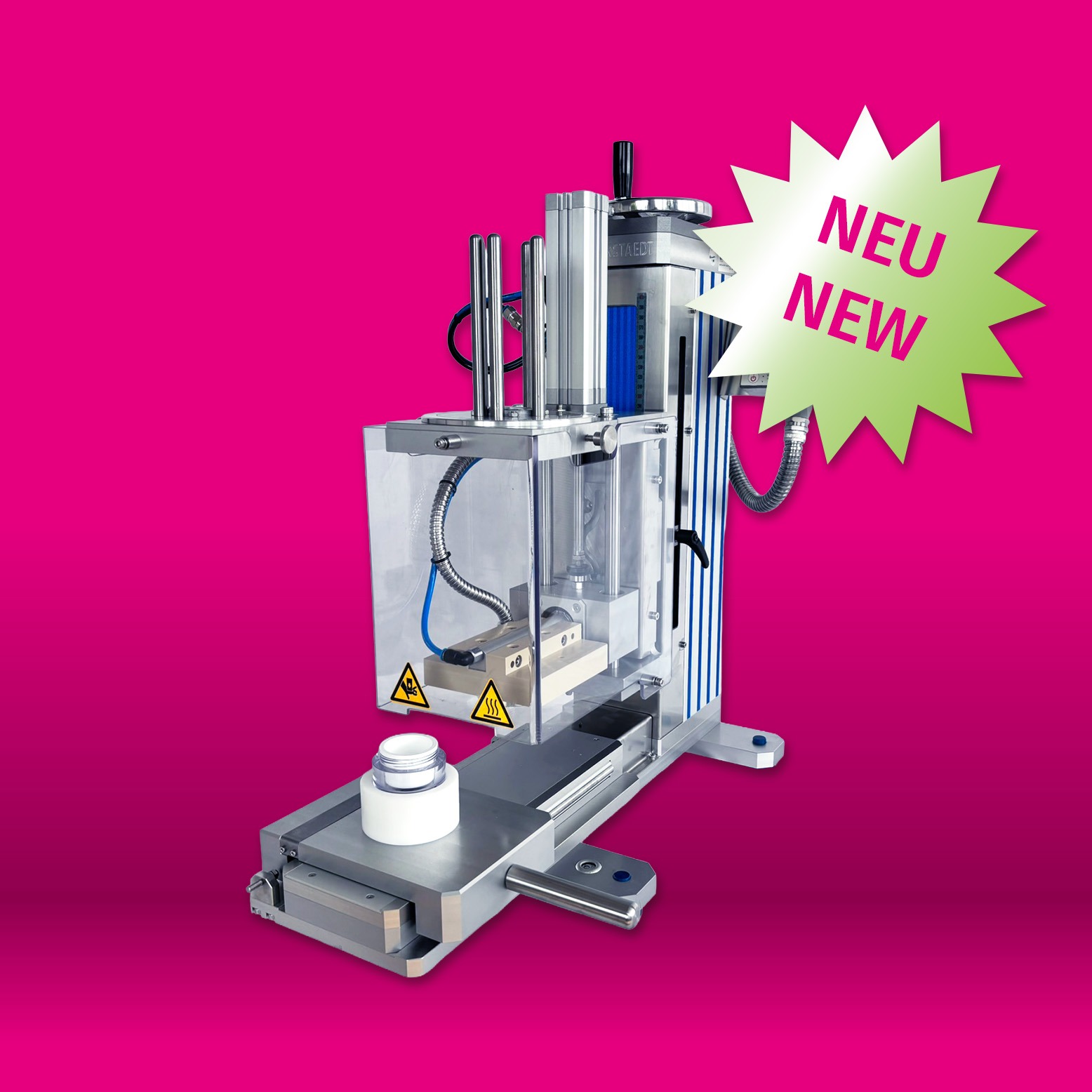 Siegelgerät "PolySeal Duo Compact" vor einem pinkem Hintergrund. Ein grüner Stern mit der Aufschrift "Neu/New" markiert das Gerät.