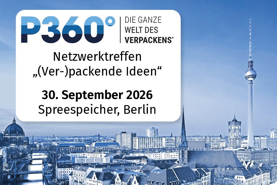 Skyline Berlin mit weißem Textfeld: Netzwerktreffen „(Ver-)packende Ideen“, 30. September 2026, Spreespeicher, Berlin