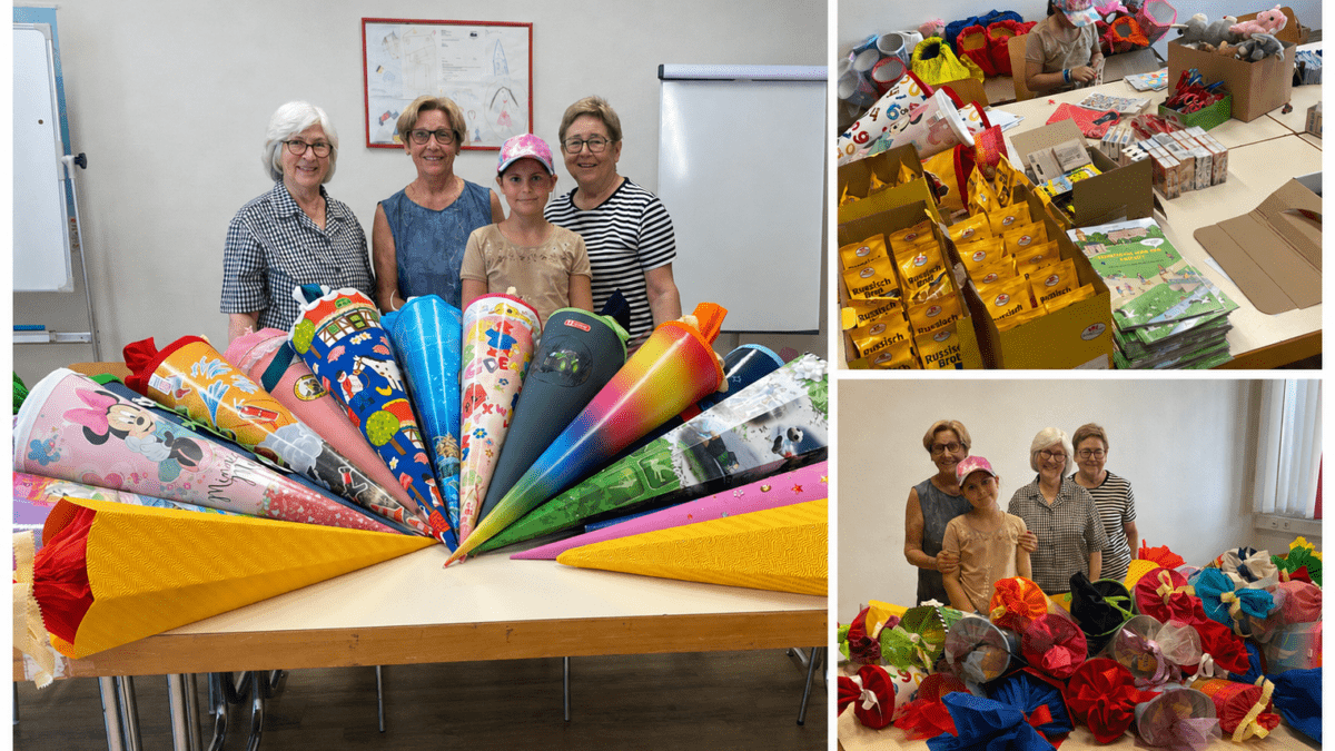 Collage mit drei Frauen und einem Mädchen hinter bunten Schultüten sowie Einblicken in die Vorbereitung und Befüllung der Schultüten.