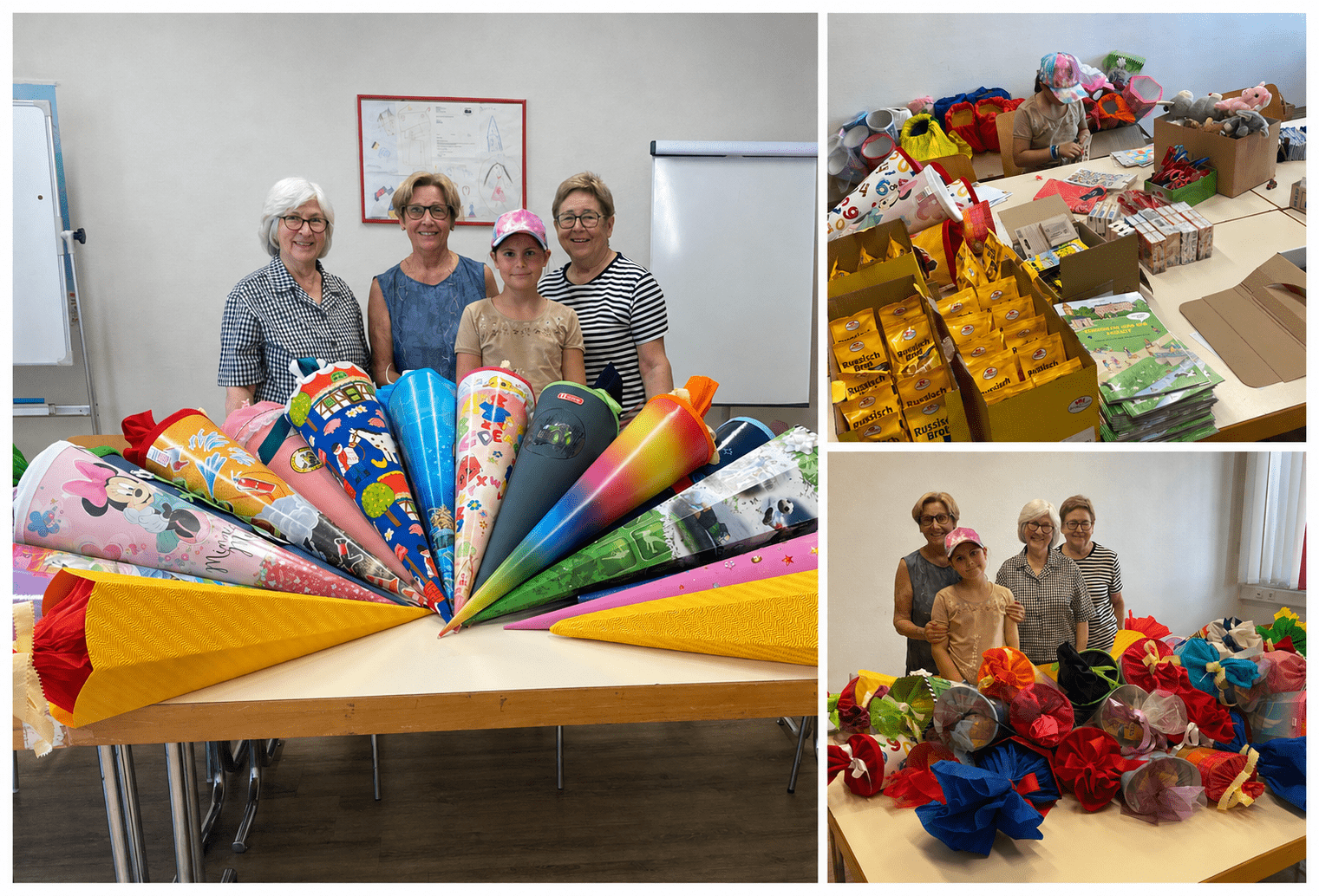 Collage mit drei Frauen und einem Mädchen hinter bunten Schultüten sowie Einblicken in die Vorbereitung und Befüllung der Schultüten.